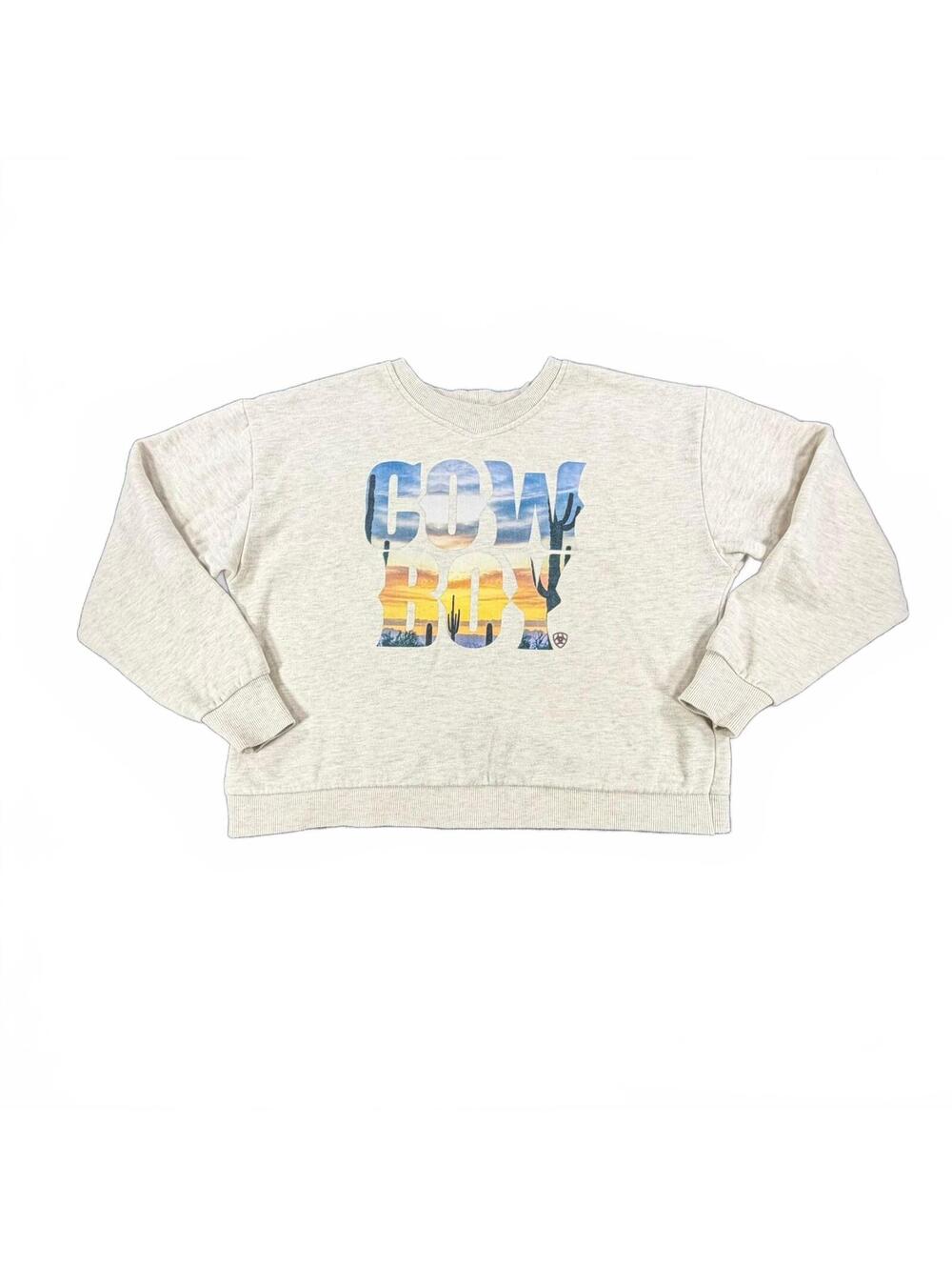 Ariat Women's Cowboy Crew Neck Western Cropped Sweatshirt Beige Size Small